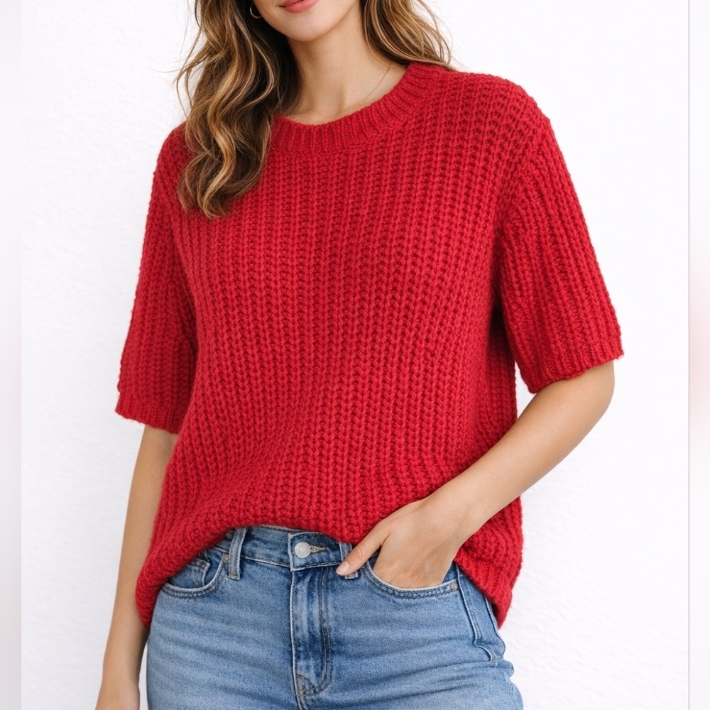 OAK + FORT Cherry Red Crew Neck Short Sleeve Knit Sweater